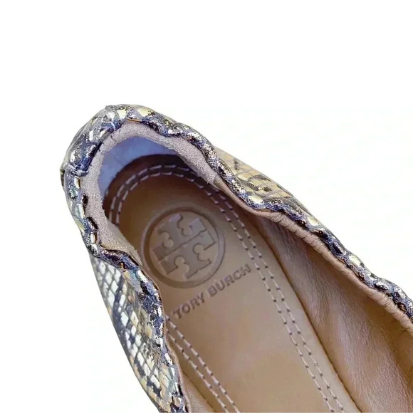 Tory Burch Gold Roccia Ballet Flats Shoes Size 6 Cap Toe Snakeprint Classic - Picture 7 of 12